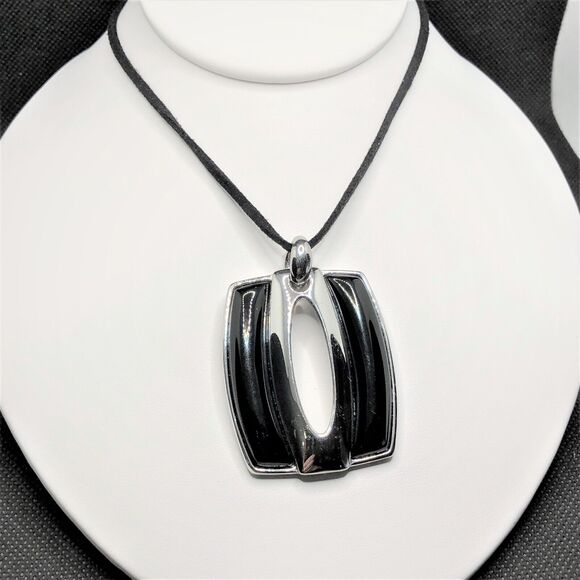 Lia Sophia Enigma Necklace Silver Tone and Black Inlaid Pendant Black Suede Cord - Picture 2 of 7